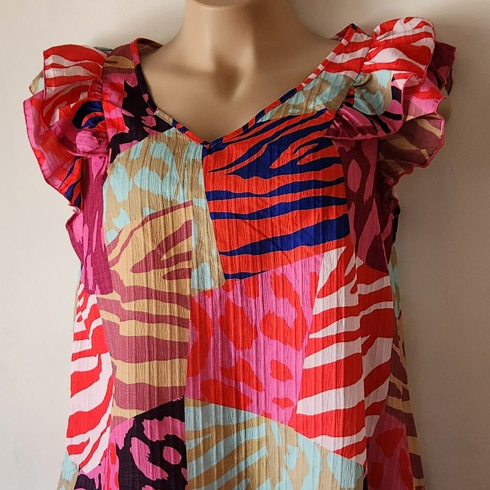 Shein Curve blouse sz 1X color block animal print GUC